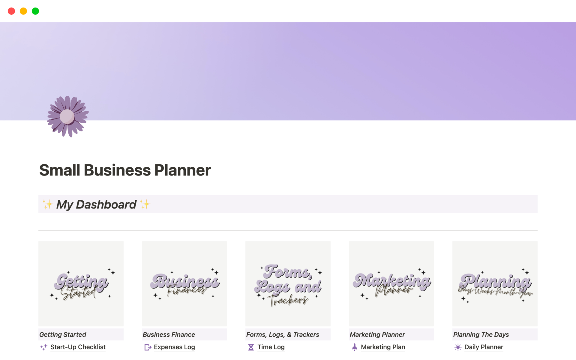 A template preview for Small Business Planner
